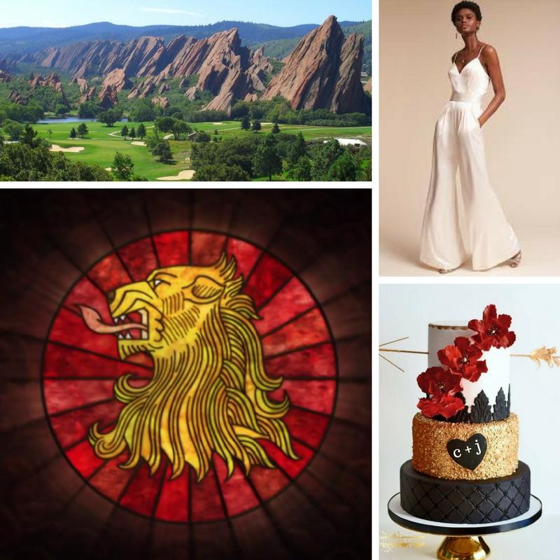 Mountains with a golf course. Lions head stained glass emblem. Black woman in a white silk outfit. Black gold and white wedding cake with red flowers