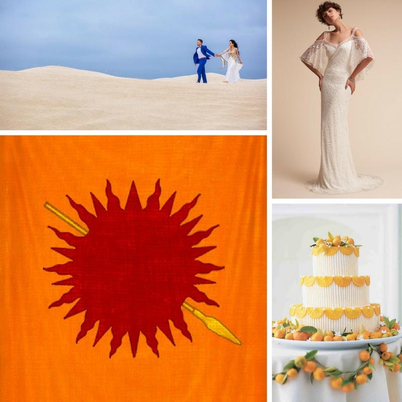 a couple walking through a dessert a house flag a sleek lace wedding dress white cake with oranges